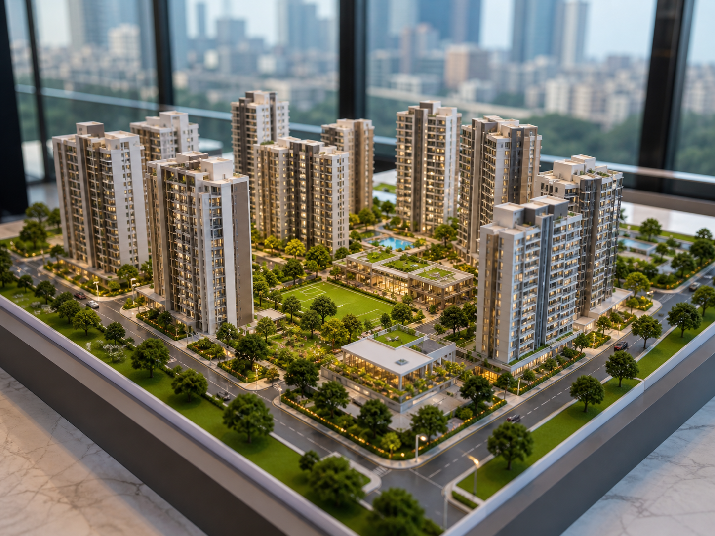 Architectural township model with apartment towers and green spaces