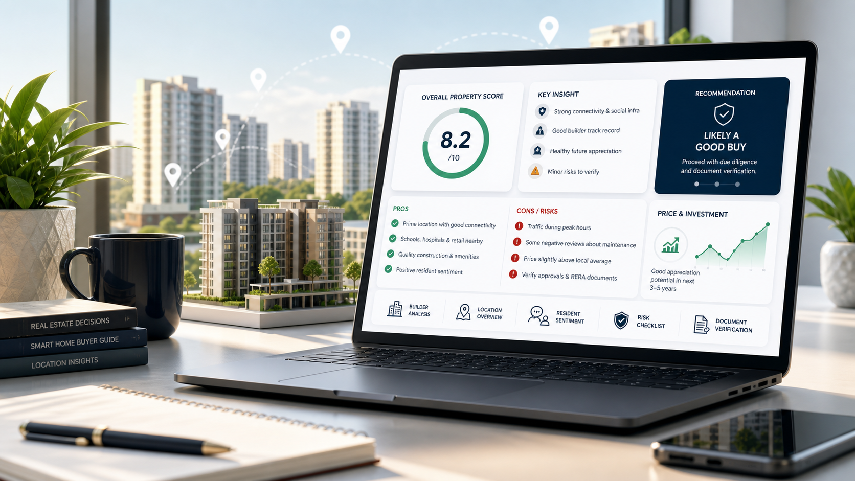 PropertiLens decision dashboard with property score and risk signals